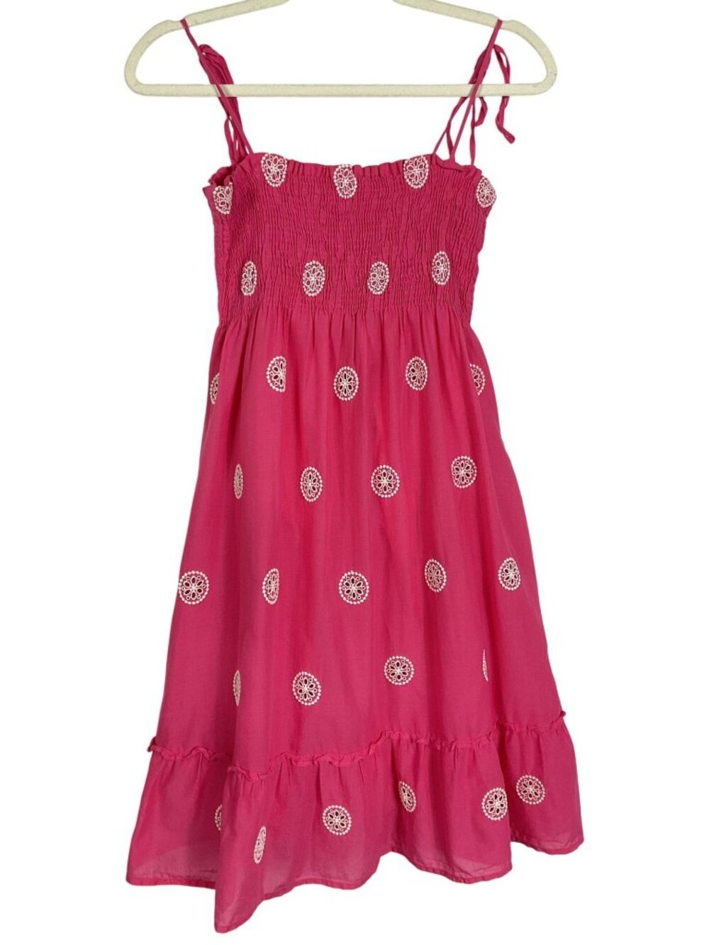 J.Crew Smocked Tie Strap Sundress Pink Embroidered Dress Small Style 94190